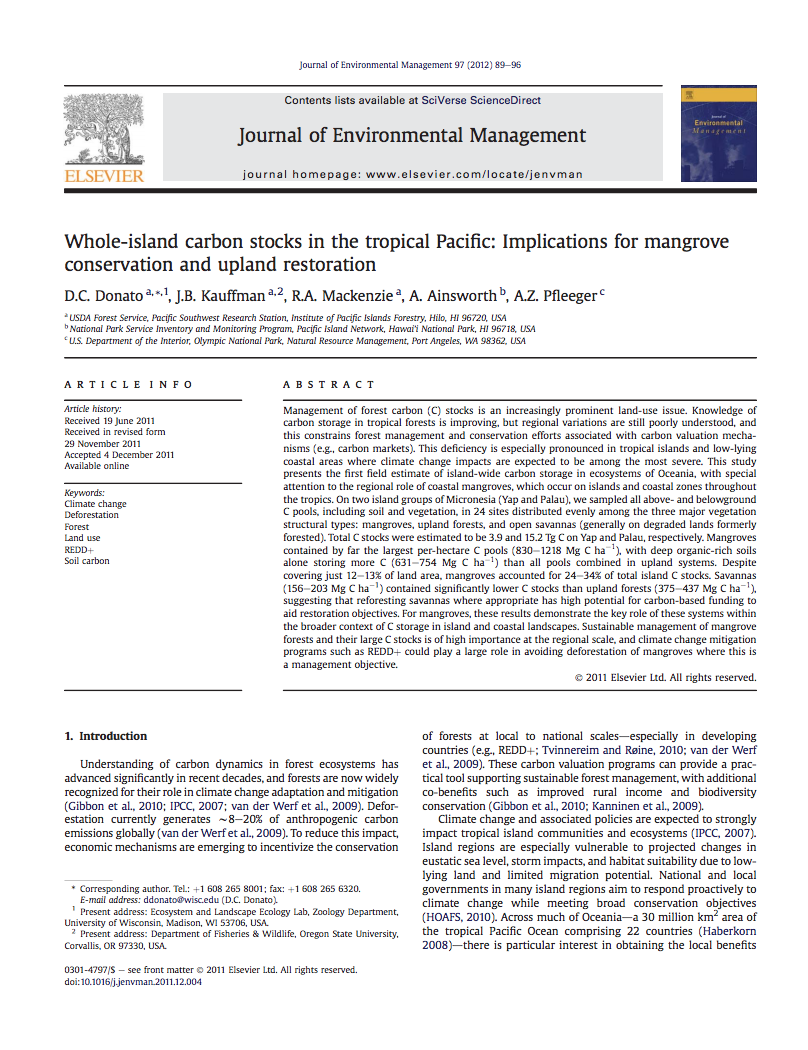 Whole Island Carbon Stocks In The Tropical Pacific Implications For Mangrove Conservation And Upland Restoration